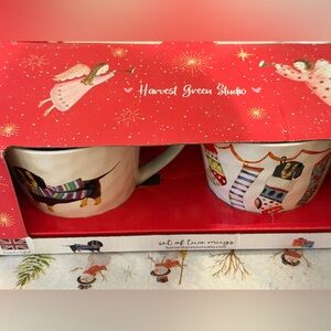 Cute Dachshund winter stoneware mugs from Harvest Green studio Set of 2 NWT
